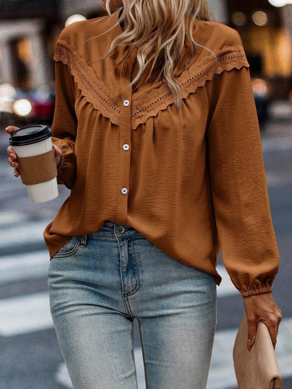 Casual Women's Contrast Lace Drop Shoulder Shirt Top